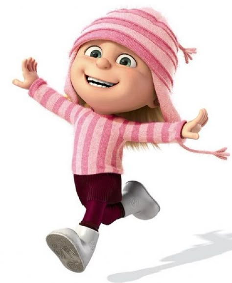 Despicable Me - Edith Gru (voiced by Dana Gaier) is one of Gru's adopted daughters, along with Margo and Agnes. She shares many traits with Gru, being very destructive, tomboyish and sports a macabre sense of humor.  Upon seeing all of Gru's weapons and torture devices, her dark, destructive nature is shown when she nonchalantly walks into an iron maiden and starts playing with Gru's dangerous weapons in his lab. A Cartoon Character, Cartoon Girl, Despicable Me, A Cartoon, Cartoon Character, Pink, Minions