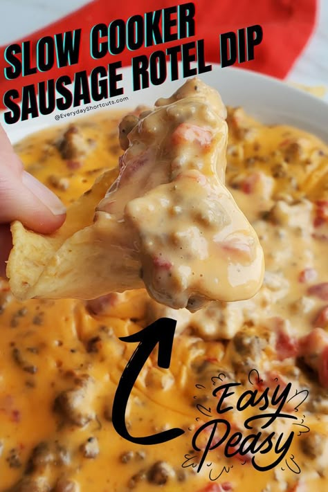 Slow cooker sausage rotel dip on a chip. Sausage Rotel Dip Crock Pots, Rotel Sausage Dip Crockpot, Super Bowl Crockpot, Rotel Dip Crockpot, Sausage Rotel Dip, Rotel Dip With Sausage, Sausage Slow Cooker, Dip Recipes Crockpot, Super Bowl Dips