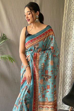 Buy Kalamkari Sarees Online at Reasonable Price - Karagiri Kalamkari Prints, Tassels Blouse, Royal Blue Saree, Sky Blue Saree, Kalamkari Print, Kalamkari Designs, Kalamkari Blouse, Kantha Sarees, South Silk Sarees