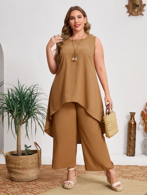 Brown Boho  Sleeveless  Plain  Embellished Non-Stretch Spring/Summer Plus Size Co-Ords Co Ords Outfits Indian, Hot Mom Outfits, Best Plus Size Dresses, Mom Outfits Spring, Mom Outfits Fall, Co Ords Outfits, 2piece Outfits, Casual Outfits For Moms, Summer Outfits For Moms