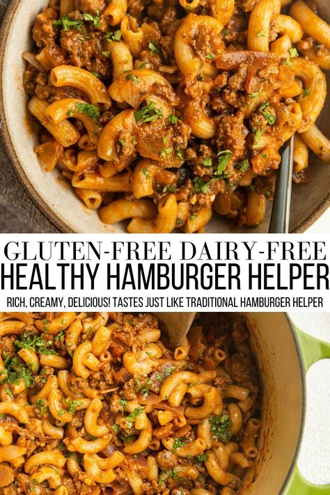 Gluten-Free Dairy-Free Hamburger Helper - a delicious take on the classic Hamburger Helper, but made gluten-free and dairy-free! Rich, flavorful, and delicious! #pasta #hamburger #groundbeef #dinner Gluten Free Dairy Free Recipes Dinner, Gluten Free Dairy Free Dinner, Healthy Hamburger, Gf Dinner, Dairy Free Recipes Dinner, Dairy Free Pasta, Avocado Dip, Dairy Free Dinner, Hamburger Helper