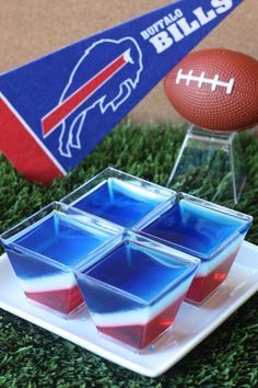 Buffalo Bills Jell-O Shots  (3 oz. box cherry Jell-O 3 envelopes Knox plain gelatin  2 1/2 cup vodka  1/2 cup milk 1/8 cup sugar 3 oz. box berry blue Jell-O Blue food coloring) Jell O Shots Recipe, Buffalo Bills Baby, Buffalo Bills Stuff, Buffalo Bills Gear, Buffalo Bills Game, Jell O Shots, Jello Shot Recipes, Jello Shot, Buffalo Bills Football