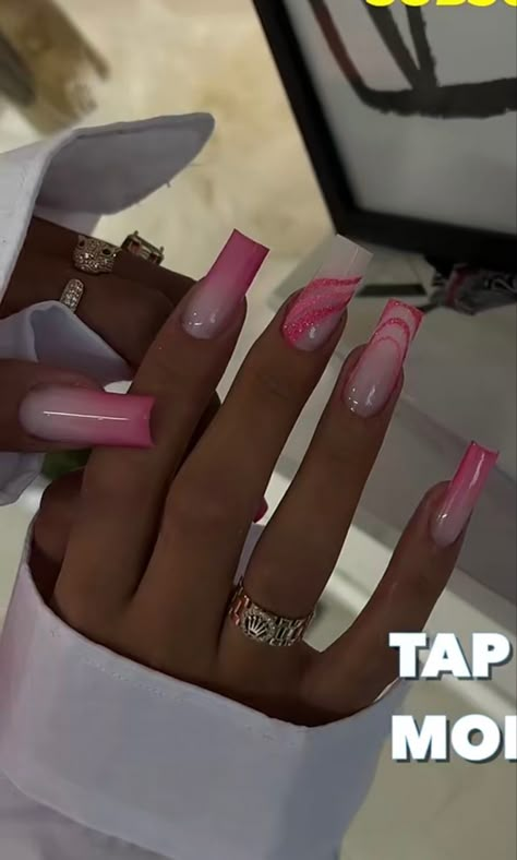 Nails For June, Pink Nails Barbie, Gel Pink Nails, Pink And White Ombre Nails, Valentine Nails Pink, White Ombre Nails, Nails For Prom, Pink Nail Inspo, Pink And White Ombre