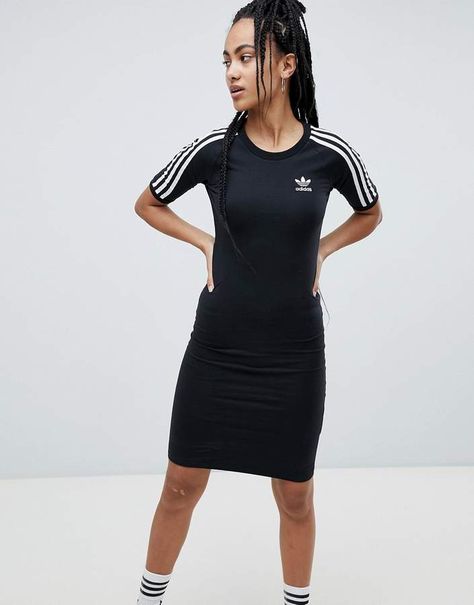 adidas Originals Three Stripe Dress In Black Adidas Dress Outfits, Sporty Dress Outfit, Atlanta Streetwear, Sporty Dresses, Sports Dresses, Bike Skirt, Track Coach, Sport Dress Outfit, Black Dress Outfit Casual