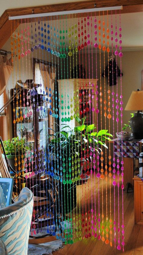 Doorway Beads, Beaded Door Curtain, 70s Bedroom, Beads Curtain, Beaded Door, Bead Curtains, Beaded Door Curtains, Curtain Art, Colorful Chandelier