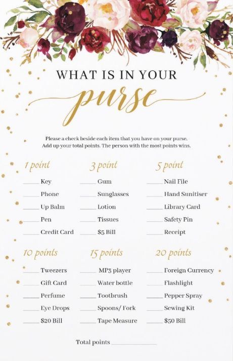 Bridal Shower Whats In Your Purse Game, Bridal Shower Games Free Printables, Wedding Shower Brunch, Bridal Shower Games Funny, Simple Bridal Shower, Fun Bridal Shower Games, Bridal Shower Activities, Purse Game, Bridal Shower Planning