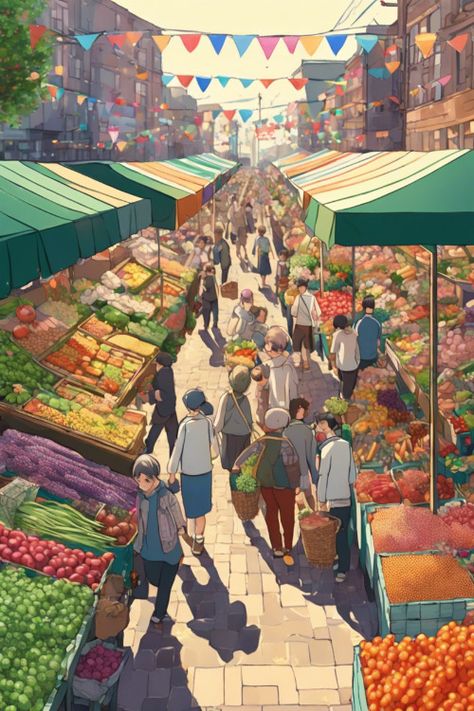 Farmers Market Bustle Check more at https://paintlyx.com/farmers-market-bustle/ Fantasy Market Art, Market Place Drawing, Summer Farmers Market Aesthetic, Farmers Market Drawing, Farmers Market Illustration, Farmers Market Design, Farmers Market Poster, Framers Market, Market Drawing