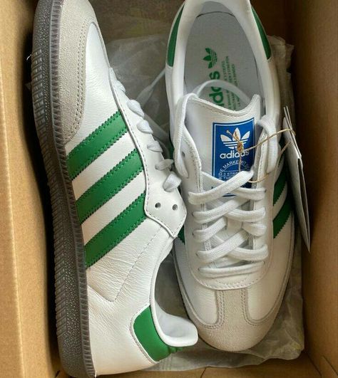 ______ Adidas Samba OG "White Green" Featuring a leather upper with suede overlays. Striking green accents on the signature three stripes and on the heel tab. A padded collar for comfort and support while the shoes sturdy outsole provides traction Preorder a pair at Ksh. 5,500/= Green Sambas, Green Samba, Samba Green, Adidas Samba Og White, Adidas Samba White, Digital Wardrobe, Adidas Sambas, Green Adidas, Adidas Samba Og