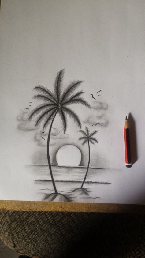 Palm Tree Tattoo Drawing, Palm Tree Tattoo Sketch, Palm Tree Tattoo Design Drawing, Palm Tree Sunset Tattoo Design, Beach Sunset Drawing, Beach Drawing Sketches, Palm Drawing, Sunset Sketch, Tree Pencil Sketch