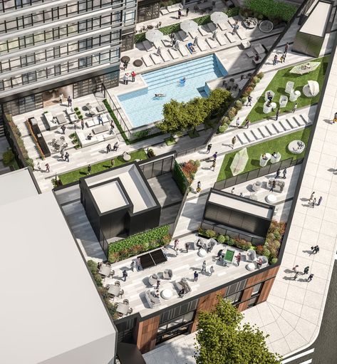 Rooftop Garden Plan, Savannah Apartment, Amenities Design, Rooftop Amenities, Long Island City Apartment, Community Space Design, Rooftop Pools, Terrace Designs, Amenity Space