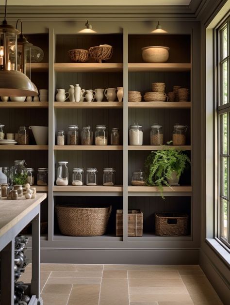 Chislehurst Family Home - Pantry ⁠ Storage was fundamental to creating the clean and organised interior that our clients wanted, so we designed bespoke joinery in each reception room, a dressing room in the master suite and a pantry beside the kitchen.  The palette for the interior is grounding, inspired by the neighbouring woodland.  ⁠ #natureinspiredinteriors #sustainableinteriors #wellnessinteriors #healthyhomes #pantry Kitchen Pantry Colors, Bookshelf In Pantry, Taupe Pantry, Open Storage Pantry, Butler Pantry And Laundry Room, Hutch Pantry Ideas, Pantry Built In Shelves, Dining Room To Pantry, Pantry Wall Shelving Ideas