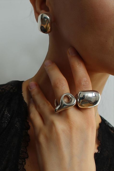 Ring Photoshoot, Futuristic Jewelry, Trendy Silver Jewelry, 90s Earrings, Jewelry Product Shots, Bold Statement Jewelry, Contemporary Jewelry Design, Vintage Silver Rings, Ball Earrings