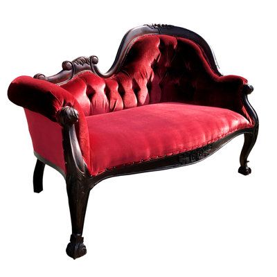 This unique traditional Single Ended Chaise Loveseat design reflects the Victorian era. This Loveseat has been hand carved and surely can be a conversation piece in your home or office. Made of solid mahogany wood and red Velvet Upholstery. Elegantly finished with our rich Dark Brown color tone. Victorian Loveseat is Upholstered with Red velvet and a button-tufted back. Victorian Loveseat has a medium-firm seat. Foam and Webbed suspension seating. Due to the uniqueness of the nature of our produ Red Velvet Sofa, Sofa Pillows Arrangement, Velvet Loveseat, Seat Foam, Velvet Upholstery Fabric, Wood Sofa, Dark Brown Color, Velvet Upholstery, Velvet Sofa