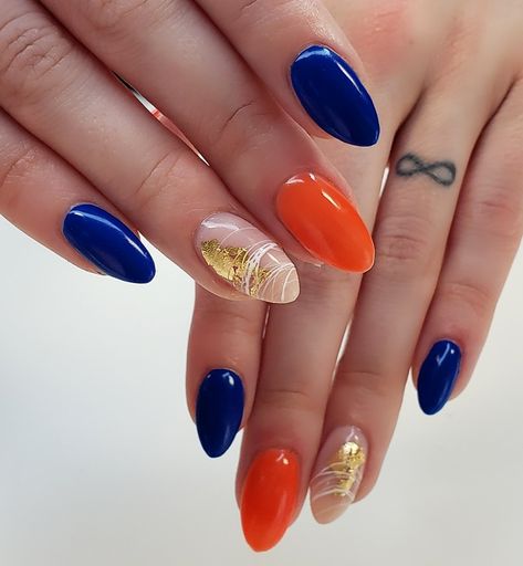 Royal Blue And Orange Nail Designs, Orange Blue White Nails, Royal Blue And Orange Nails, Navy And Orange Nails, Orange And Blue Nails, Royal Blue And Orange, Acrylic Almond Nails, Extra Long Nails, Best Summer Nails