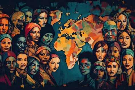 Artistic representation of women from various cultures superimposed on a colorful world map, symbolizing global royalty free stock photography Diversity Illustration, Colorful World, Stock Photography Free, Acrylic Pouring, Culture Art, World Map, Art Ideas, Stock Photography, Stock Illustration