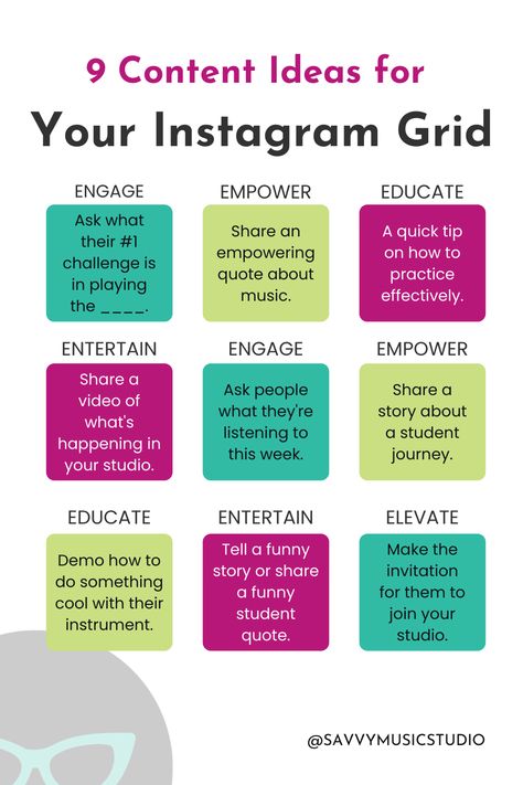 Here are 9 content ideas to use on your music studio's instagram grid. Alternate between the 4 E's: Engage, Empower, Educate, Entertain. Educational Instagram Post Ideas, Voice Over Instagram Post, Theatre Social Media, Teacher Social Media Posts, Musician Social Media Content, Teacher Instagram Post Ideas, Musician Content Ideas, Musician Marketing, Music Social Media Post