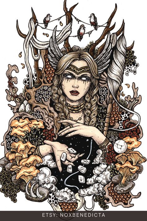 Goddess Frigg throwing divination bones. She wears two massive blond braids and a crown with wings. The background is made of clouds, spinning wheel, chanterelles, flowers, birds and eggs. Frigg Goddess Tattoo, Freja Tattoo Norse Mythology, Frigg Tattoo Norse Mythology, Frigg Goddess Art, Nordic Mythology Art, Freya Goddess Art, Norse Mythology Aesthetic, Frigg Goddess, Frigga Goddess