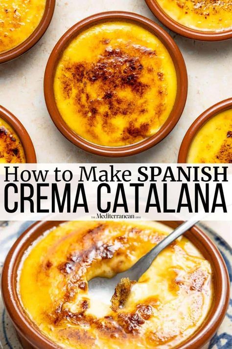 Crema Catalana, or Spanish crème brûlée, is a wow-worthy gluten-free dessert recipe perfect for making the night before a dinner party. Spanish Dessert Recipes, Spanish Dinner, Traditional Spanish Recipes, Spanish Desserts, Brulee Recipe, The Mediterranean Dish, Spanish Dishes, Gluten Free Desserts Recipes, Sweet Recipes Desserts