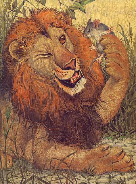 Don Dailey. Aesop's Fables. The lion and the mouse Lion Story, Lion And The Mouse, Mouse Paint, Lion King Fan Art, Animal Art Projects, Aesops Fables, Short Stories For Kids, Two Brothers, Animals Artwork