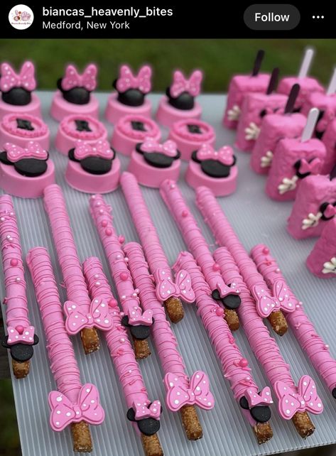 Minnie Mouse Birthday Candy Table, Minnie Mouse Pretzel Sticks, Minnie Mouse Desserts Table, Minnie Mouse Baby Shower Dessert Table, Disney Theme Dessert Table, Mini Mouse Cake Pops Ideas, Oh Twodles Goodie Bags, Minnie Dessert Table, Minnie Mouse Birthday Treat Table