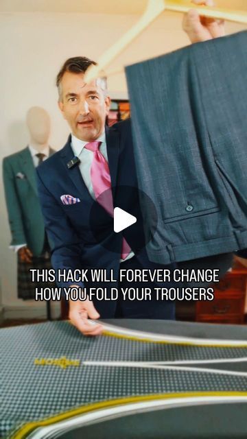 Jonathan Farley on Instagram: "The Savile Row Fold will change the way you fold your trousers forever. It is quicker than the standard fold, better at removing creases and prevents them from slipping off the trouser bar. #savilerow #savilerowfold #foldtrousers #howtofoldtrousers #stylechallenge #styleadvice #styleadvice" How To Fold A Trouser, Folding Clothes To Save Space Pants, How To Fold Trousers To Save Space, How To Fold Trousers, How To Fold Pants To Save Space, Folding Tips, Uniform Pants, Formal Pants, How To Fold