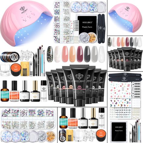 PRICES MAY VARY. 🎁【All-in-one Premium Poly Nail Gel Kit】 Including 8 colors gel, 48w nail lamp, nail prep dehydrate, nail primer, base & top coat, slip solution, rhinestone glue, dual forms (120pcs), nail forms, rhinestones nail beads(12 sizes), sequins(butterfly, flower, Hexagonal), glitters, gold foil, nail striping tapes, nail art stickers, complete poly nail tools (nail file, nail buffer, brush and spatula, nail clips, glass cup, nail cutter, cuticle fork, nail dust brush, nail tweezer, nai Poly Gel Nails Kit, Gel Nail Kit Amazon, Nails Art Tools, Kiss Brush On Gel Nail Kit Tutorial, Nail Striping Tape, Art Supplies Gift, Poly Nail Gel, Led Colors, Poly Gel