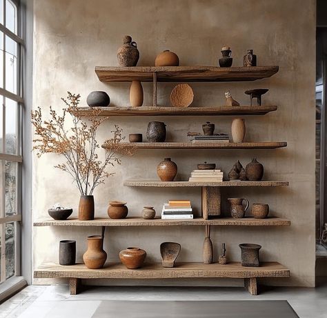 Our solid wood product is a unique piece that brings history and craftsmanship into. Each shelf is handcrafted by artisan. Solid wood products are made durable, sustainable, easy to clean and look great.  It gives users an environmentally friendly feeling. With ancient design, suitable for any space so you can be installed in many different locations such as living room, bedroom, nursery, office,... We can customize size, so please contact us if you want to adjust the size of the product. Production time is 15-20 days, shipping time is 2-3 weeks. All products are handmade so it takes a long time but has good quality. Therefore, we hope you think carefully before placing an order. Thank you for visiting our store! Pottery On Shelves, Wall Shelving Design, Floating Living Room Shelves, Boho Bookshelf Styling, Rustic Shelves Living Room, Bookcases In Living Room, Long Wall Shelf, Ancient Interior, Shelves Mid Century