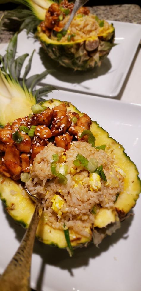 Stuffed Pineapple Bowls Chicken, Teriyaki Chicken Pineapple Rice Bowl, Pineapple Chicken Bowl Recipe, Pineapple Boats Recipes Teriyaki Chicken, Blackstone Grill Recipes Pineapple, Hibachi Pineapple Bowl, Grilled Pineapple Bowl, Teriyaki Chicken In Pineapple Boats, Pineapple Chicken Boats