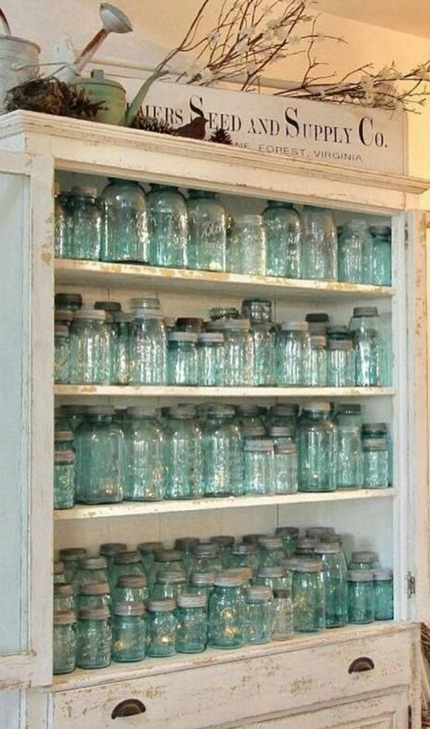 Mason Jar Collection Display, Mason Jar Collection, Canning Pictures Vintage, Vintage Canning Jars, Jar Display Ideas, Mason Jar Display, Canning Pantry, Primitive Mason Jars, Freezer Room