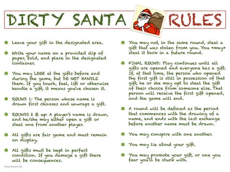 I created this printable rule sheet for our family's Dirty Santa gift exchange. Prints on US Letter-sized paper (8.5" x 11"). Enjoy! Dirty Santa Rules Printable, Bad Santa Party, Christmas Gift Rules, Dirty Santa Rules, Dirty Santa Game, Rules For Couples, Dirty Santa Gift Exchange, Painting Thoughts, Svgs Free