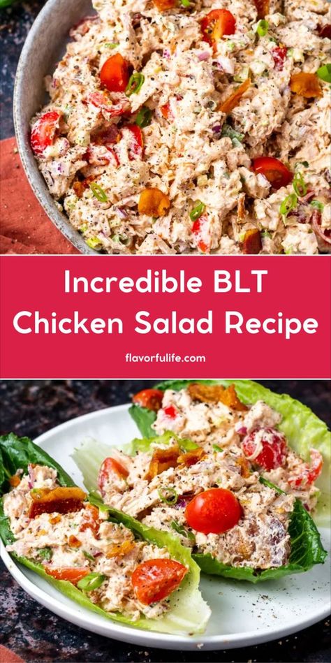 This BLT chicken salad is the perfect healthy and easy lunch. Enjoy it as chicken salad lettuce wraps or a bacon chicken salad sandwich. Ideal for meal prep and prep ahead for work or on the go, this BLT chicken salad recipe is the best chicken salad recipe with bacon. It’s also great for bridal shower food or a luncheon. Make Ahead Chicken Sandwiches, Chicken Salad Wraps Recipes, Best Healthy Chicken Salad Recipe, Blt Chicken Salad Recipe, Hot Chicken Salad Sandwich, Lunch Wraps Make Ahead, Healthy Blt Salad, Chicken Salad With Lettuce, Chicken Salad Ideas