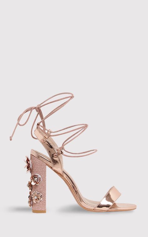 Evy Rose Gold Embellished Block Heeled Sandals Pink Block Heels, Pink Sandals Heels, Hak Tinggi, Heel Sandals Outfit, Rose Gold Shoes, Rose Gold Heels, Rose Gold Sandals, Gold High Heels, Pretty Sandals