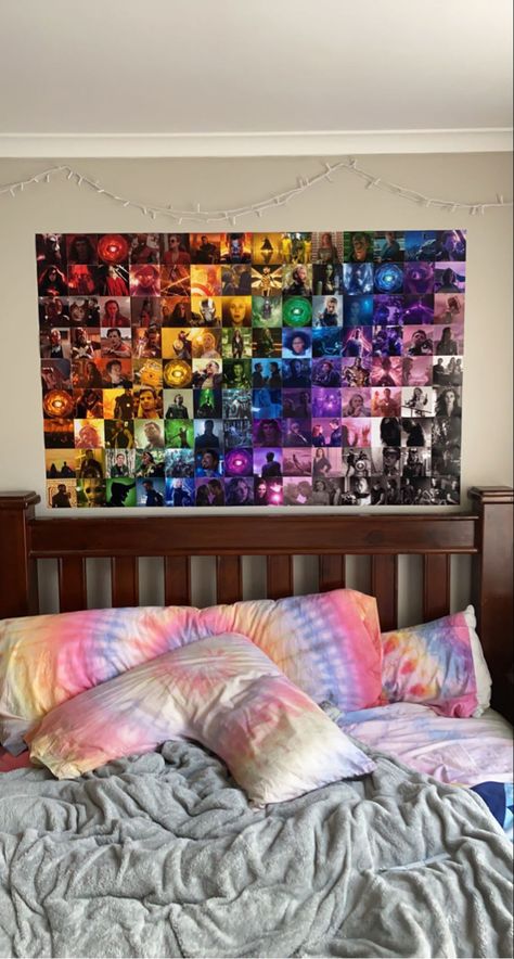 the finished rainbow photo wall Marvel Photo Wall Collage Bedroom, Rainbow Marvel Wall, Marvel Inspired Room, Marvel Decorations Room, Aesthetic Marvel Room Decor, Marvel Bedroom Aesthetic, Rainbow Photo Wall, Marvel Photo Wall, Marvel Rainbow Wall