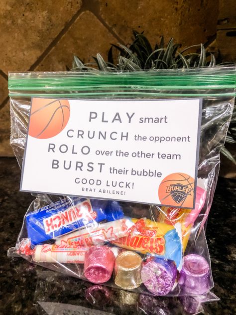 Sport Candy Puns, State Championship Goodie Bags, Game Snacks For Team Basketball, Sport Treat Bag Ideas, Basketball Candy Bags, Basketball Tournament Goodie Bags, Basketball Party Favors Team Gifts, Snack Bags For Sports Basketball, Basketball Swag Bags