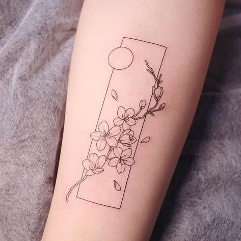 Fine Line Cherry Blossom, Self-love Tattoo Ideas, Frame Tattoo, Korea Tattoo, Japanese Flower Tattoo, Framed Tattoo, Self Love Tattoo, Kawaii Tattoo, Cherry Blossom Tattoo