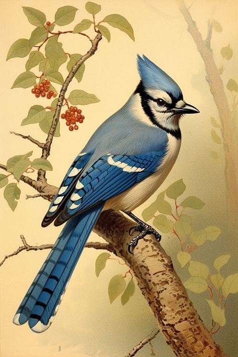 Jay Poster, Bluejay Bird, Hummingbirds Photography, Blue Bird Art, Vintage Bird Illustration, Blue Jay Bird, The Graphics Fairy, Flower Art Drawing, Jay Bird