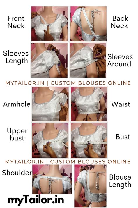 Saree Blouse Measurement Chart, Saree Blouse Sewing Pattern, How To Take Blouse Measurement, Saree Blouse Patterns Sewing, Blouse Sewing Tutorial, Stiching Blouses Designs, How To Stitch Blouse Step By Step, Blouse Diy Sewing, Easy Blouse Design