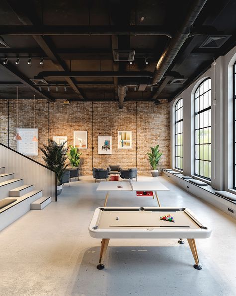 Diagonal Pool Table on Behance Warehouse Office, Industrial Office Design, Warehouse Design, Gym Interior, Contemporary Modern Furniture, Pool Table, Office Interior Design, Workout Rooms, Modern Office