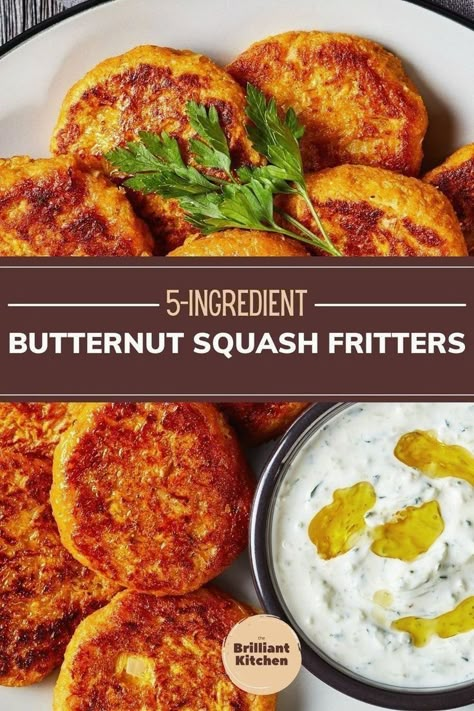 These butternut squash fritters taste amazing, and as always with me, are easy and quick to make in a toaster oven. I love these fritters for breakfast with some sour cream. They are also a great way to sneak veggies onto the plates of your picky eaters – and make sure to prepare a big stack of them, because it’s impossible to eat just one. Find out this recipe at www.thebrilliantkitchen.com | vegetarian recipes Butternut Squash Fritters, Butternut Squash Breakfast, Butternut Squash Pancakes, Butternut Squash Sage, Squash Fritters, Veggie Recipe, Baked Butternut Squash, Butternut Squash Recipes, Fritter Recipes