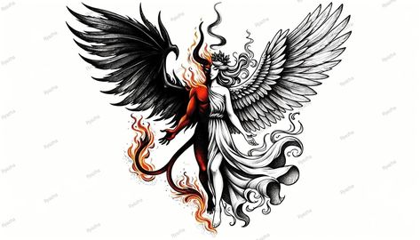 Angel Demon Tattoo, Half Angel Half Demon, Aj Tattoo, Tattoos 2024, Spiritual Tattoo, Gemini Tattoo Designs, Angel Illustration, Angel Demon, Evil Tattoos