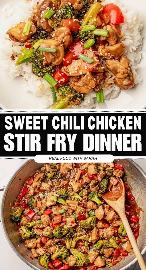 Have this healthier Sweet Chili Chicken Stir Fry on the dinner table in 35 minutes. Juicy chicken bites and crisp veggies tossed in a thick homemade sweet chili sauce. Enjoy this sweet and spicy favorite over rice or noodles. Chili Garlic Sauce Chicken, Thai Chili Stir Fry, Sweet Thai Chili Chicken Stir Fry, Sweet Chilli Chicken Stir Fry, Sweet Thai Chilli Chicken, Chili Garlic Chicken Fried Rice, Sweet Chili Chicken Bowl, Sweet Chili Stir Fry, Chili Crisp Chicken