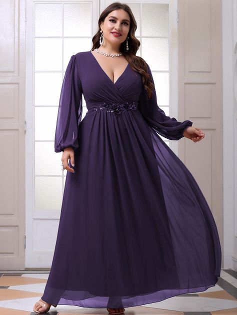 Purple Party Collar Long Sleeve Chiffon Plain A Line Embellished Non-Stretch All Plus Size Dresses Sequin Wrap Dress, Long Sleeve Bridesmaid Dress, Rusty Rose, Sequin Formal Dress, Floral Wrap Dress, Bridesmaid Dresses Online, Bridesmaid Dresses Plus Size, Bishop Sleeve, Chiffon Long Sleeve