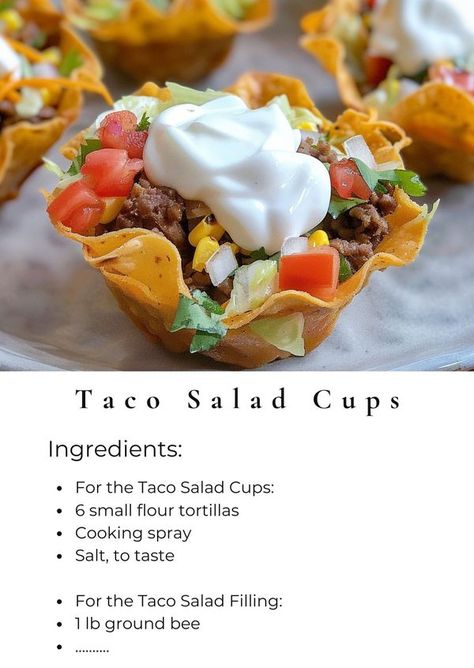 Tasty Cooking Taco Salad Cups, Salad Cups, Taco Cups, Wonton Cups, Salad Greens, Snack Dip, Party Snack, Taco Salad, Taco Recipes