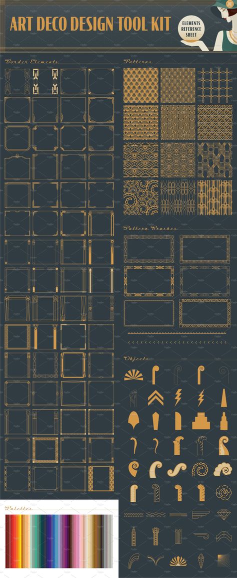 Art Deco Design Tool Kit by Dandylyon Designs on @creativemarket Art Deco Elements Design, Art Deco Layout Design, Art Deco Material Board, Art Deco Infographic, Art Deco Product Design, Art Deco Motifs Pattern, Art Deco Border Design, Art Neauveau Borders, Art Deco Bars