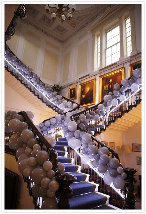 Balloons with neon lighting underneath lighting up the stairway...now that's creating a WOW factor! Deco Ballon, Prom Decor, The Staircase, 100 Layer Cake, Wedding Balloons, London Wedding, Cool Stuff, Party Inspiration, Bat Mitzvah