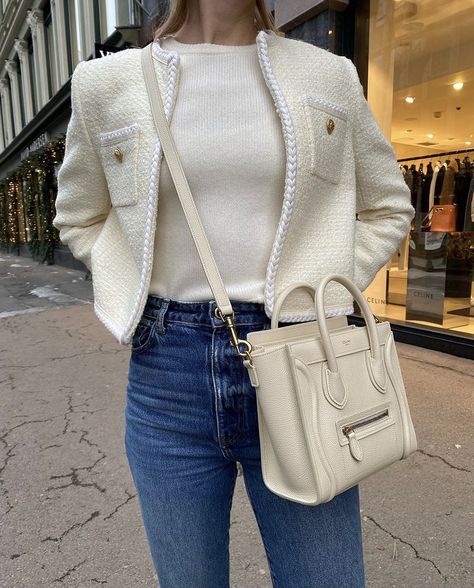 Ivory Tweed Jacket Outfit, Celine Jacket Outfit, Ivory Bag Outfit, Celine Luggage Bag Outfit, Ivory Jacket Outfit, Celine Aesthetic, Celine Jacket, Street Style Handbags, Tweed Jacket Outfit