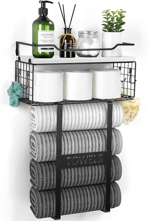 Amazon.com: Towel Racks for Bathroom Wall Mounted - Bath Wall Towel Holder Set above Toilet Storage, Rolled Towel Shelf Organizer for Small Bathroom White, Wood Vertical Towel Rack for Bathroom Wall Decor : Home & Kitchen Towel Racks For Bathroom, Toallero Ideas, Wall Towel Racks, Bathroom Towel Storage, Wall Mounted Towel Rack, Small Bathroom Organization, Towel Shelf, Towel Organization, How To Roll Towels