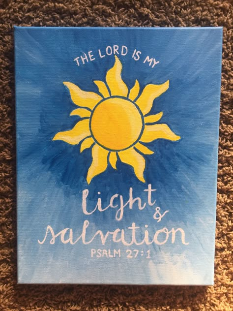 For Emily's 19th bday 💕 #sun #sunshine #tangled #light #thelordismylightandsalvation #canvas #painting #psalm27:1 Sunshine Painting Ideas, Canvas Painting Ideas God, Easy Christian Painting Ideas On Canvas, Bible Verse Painting Ideas, Simple Canvas Painting Ideas Quotes, Painting Ideas Christian, Christian Paintings On Canvas Easy, Christian Painting Ideas, Christian Canvas Paintings