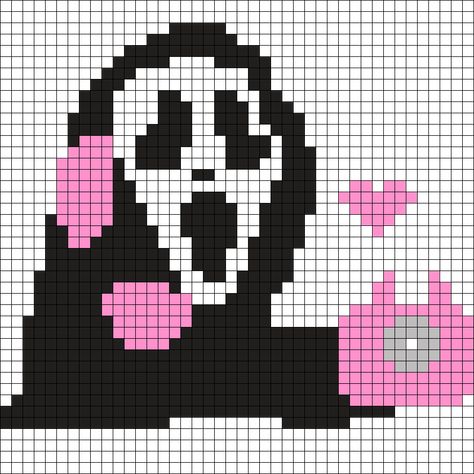 Ghostface Crochet Graph, Ghost Face Perler Bead Pattern, Ghostface Alpha Pattern, Weird Pixel Art, Ghost Face Pixel Art, Perler Bead Ghost, Ghostface Pixel Art, Scream Pixel Art, Ghostface Hello Kitty