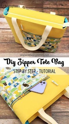 DIY Everyday Tote Bag with Zipper | Front Pocket Shoulder Bag Tutorial [sewingtimes] Totes With Zippers, Zippered Purse Pattern Free, How To Add A Zipper To A Tote Bag, Shoulder Bag Diy Pattern, Bags To Make Free Pattern, Diy Large Tote Bag Free Pattern, How To Sew Tote Bag With Zipper, Folding Bag Pattern, Canvas Bag Tutorial